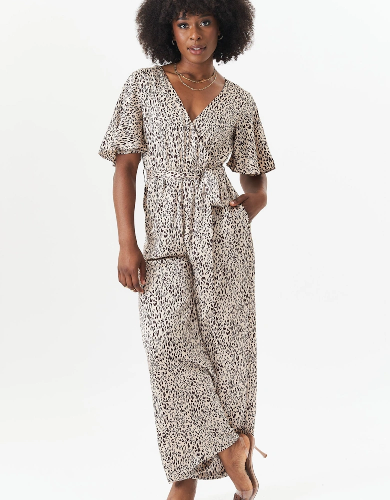 Tan Satin Animal Angel Sleeves Wrap Jumpsuit