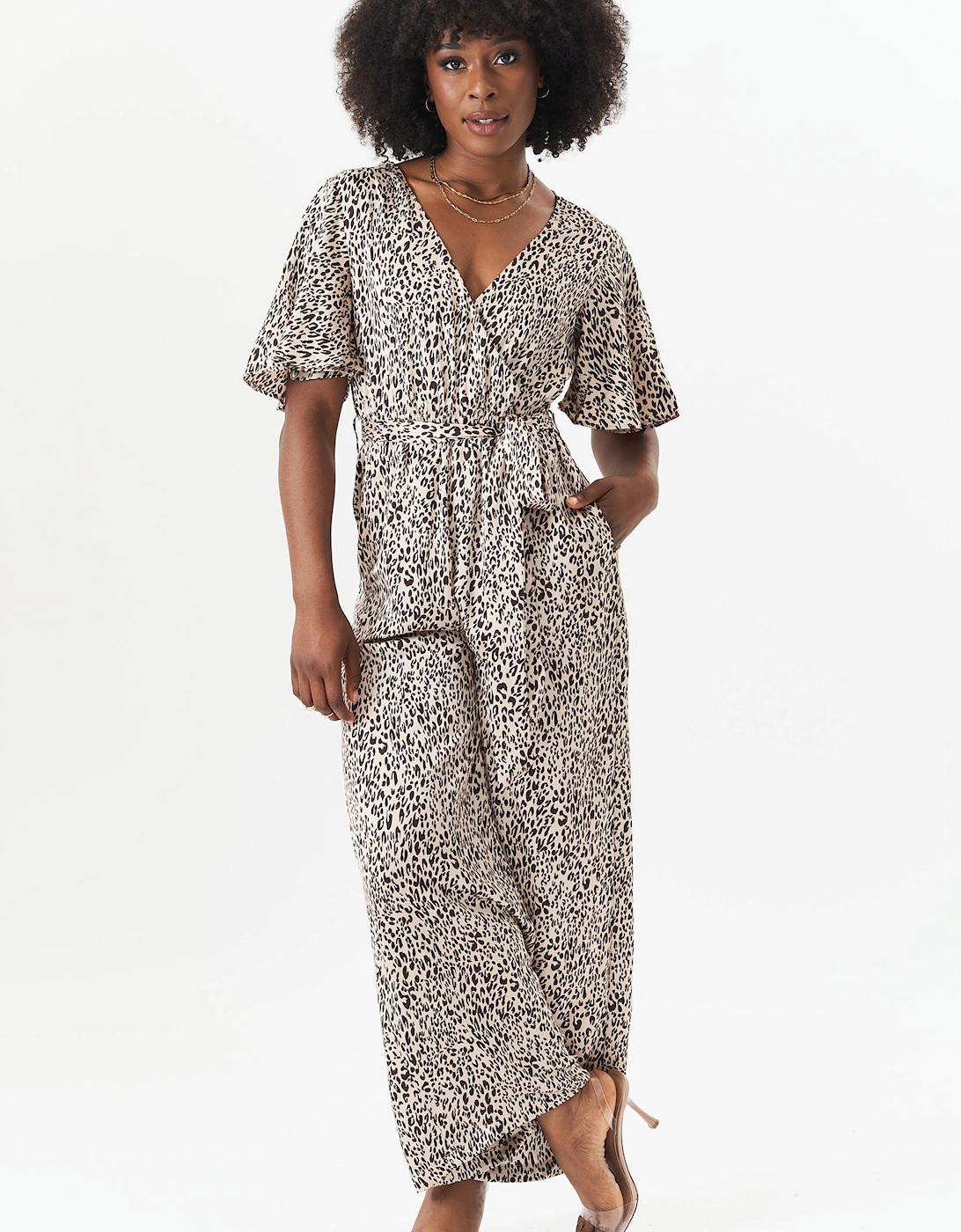 Tan Satin Animal Angel Sleeves Wrap Jumpsuit, 2 of 1