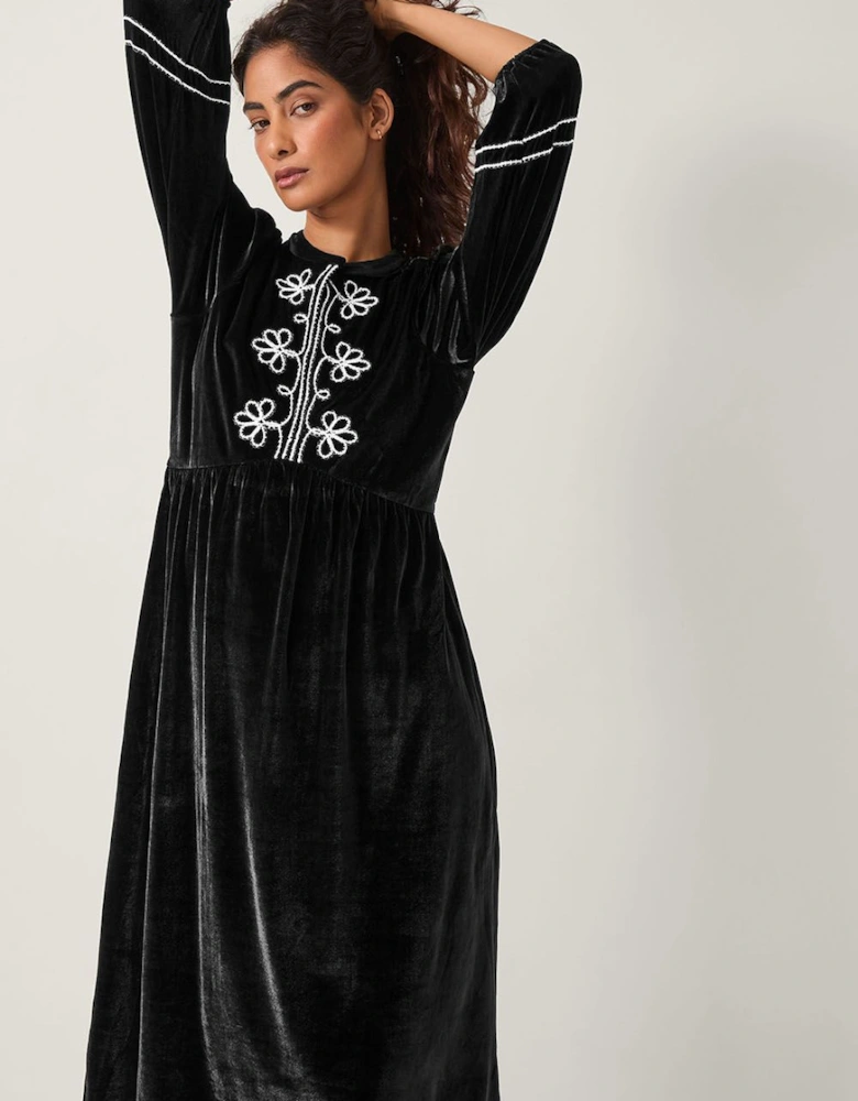 Venus Embroidered Stretch Velvet Midi Dress Black