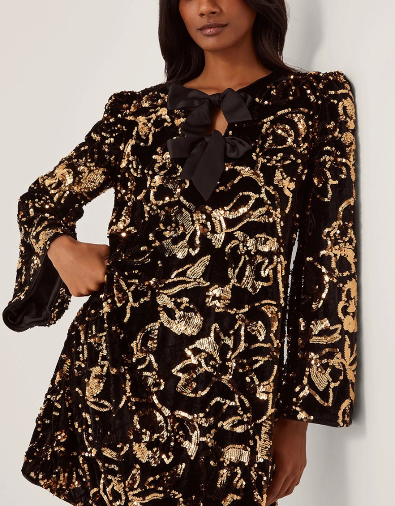 Shola Bow Sequin Mini Tunic Dress Black