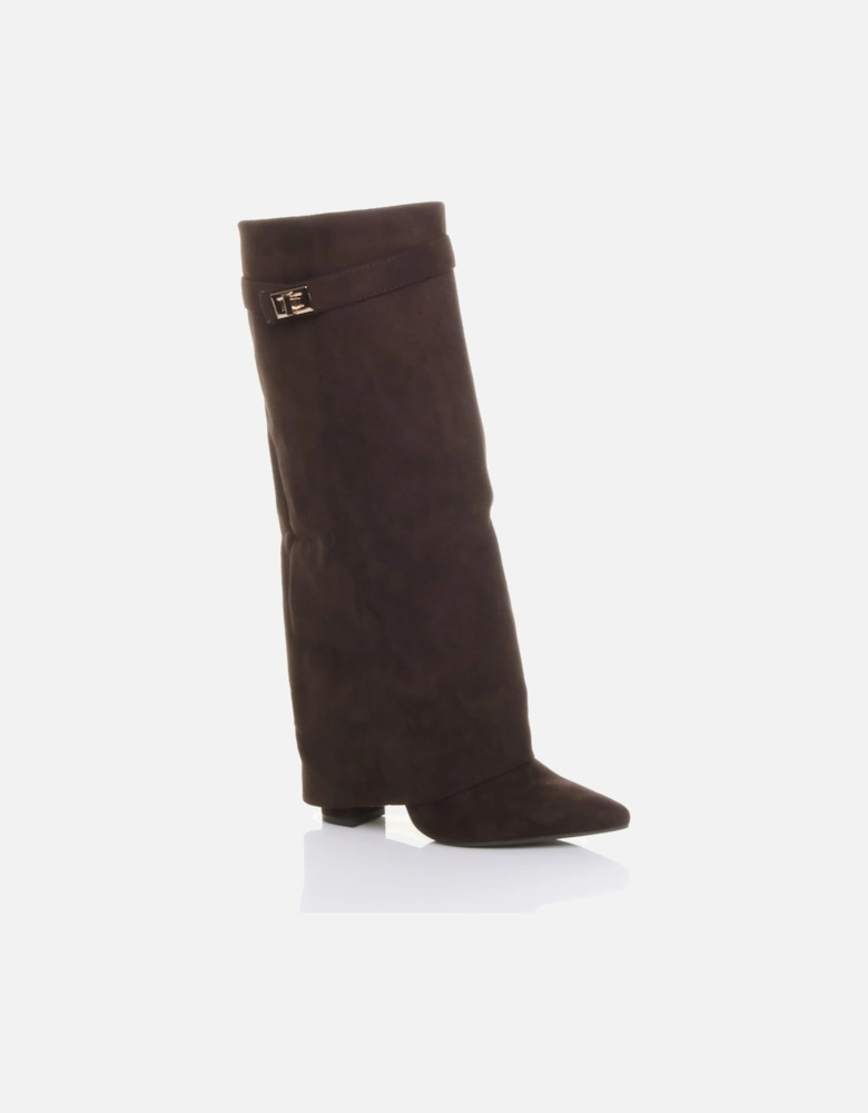High Block Heel Pointed Toe Fold Over  Knee High Boots