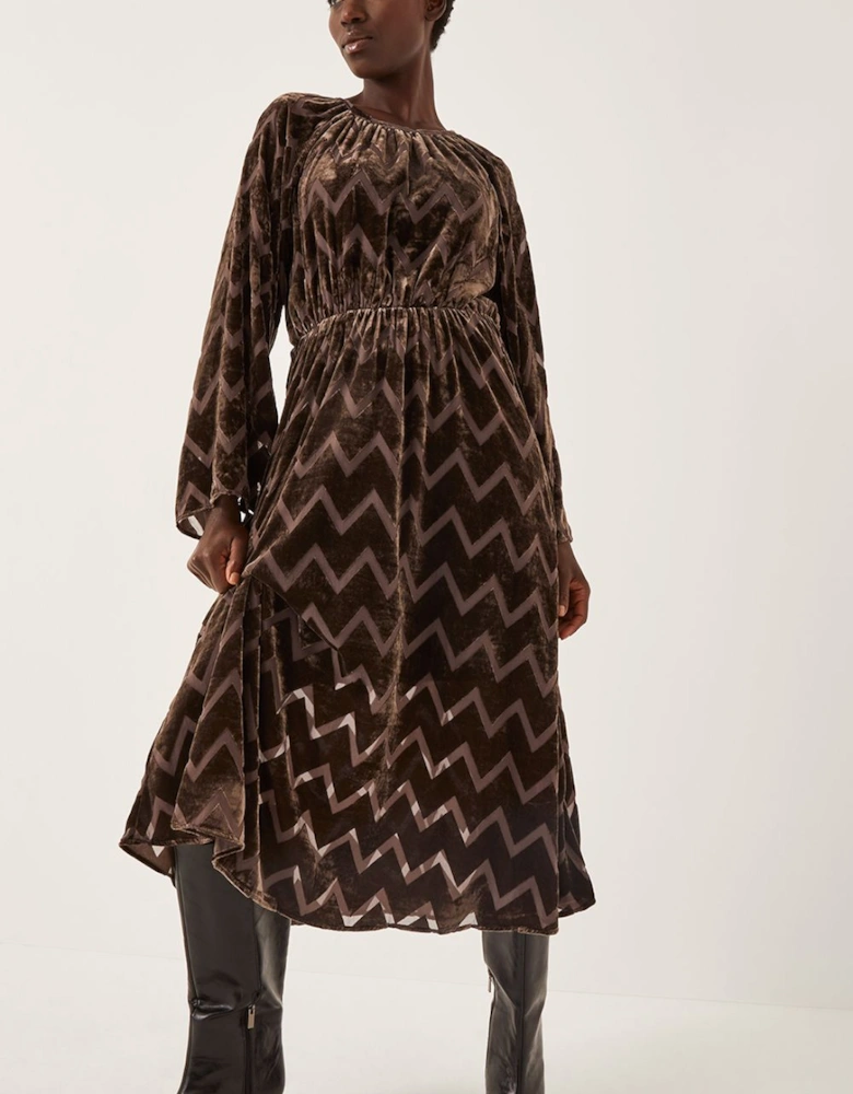 Keisha Geometric Velvet Midi Dress Brown