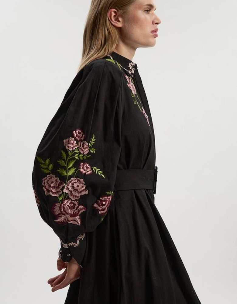 Rose Embroidered Cotton Twill Woven Shirt Dress With Eyelets