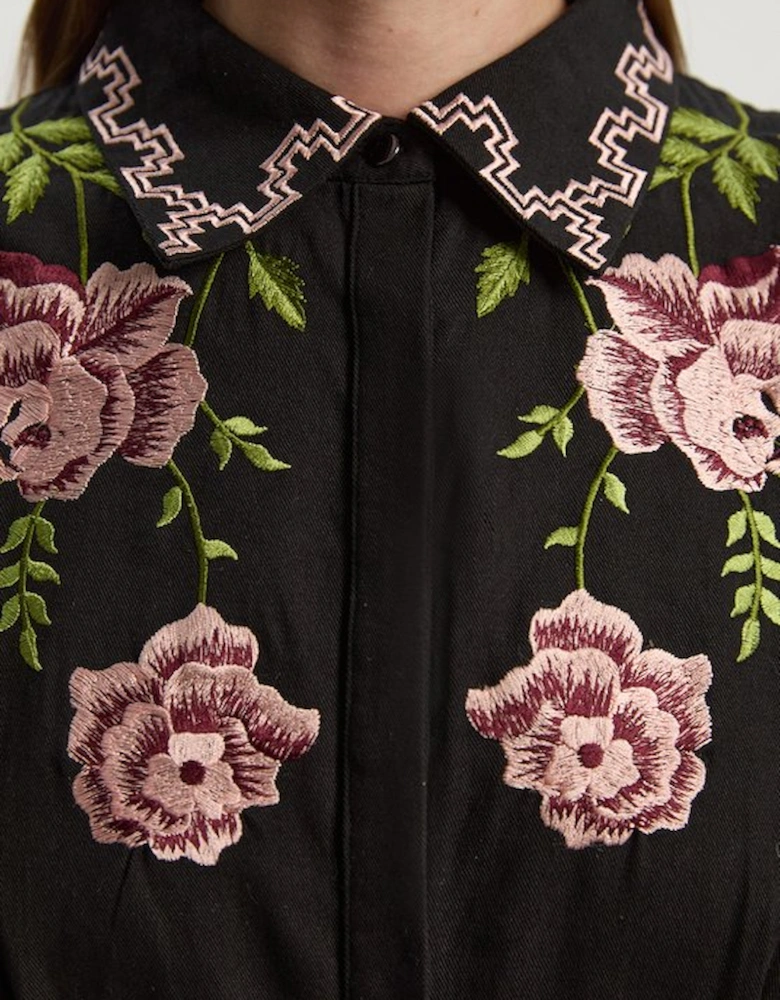 Rose Embroidered Cotton Twill Woven Shirt Dress With Eyelets