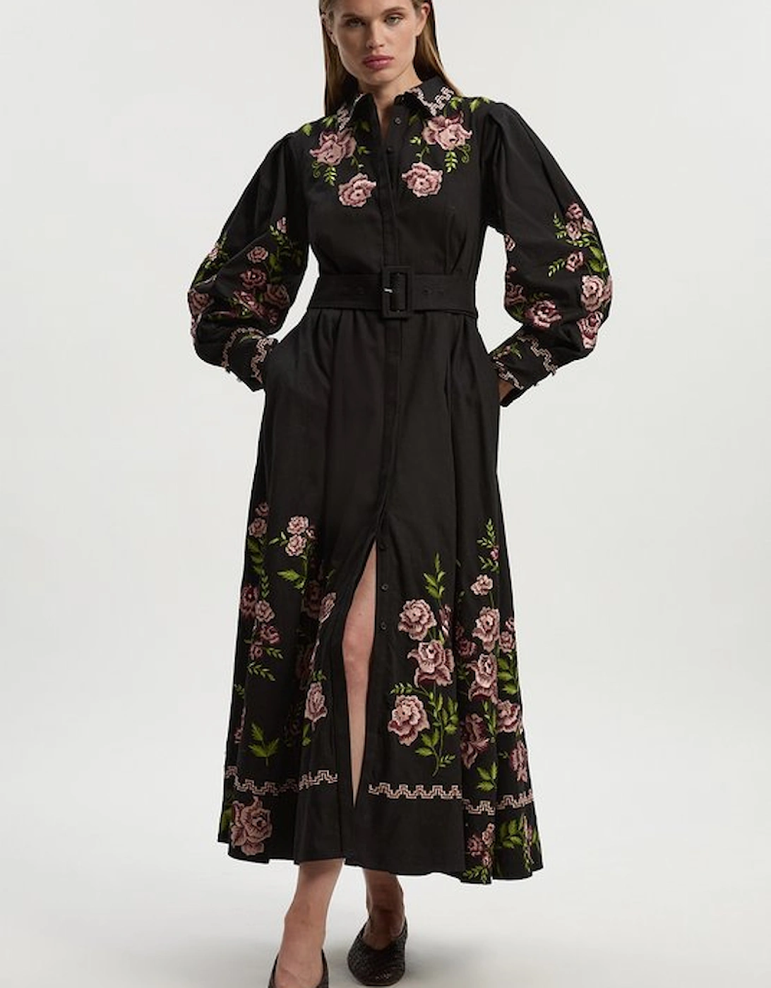 Rose Embroidered Cotton Twill Woven Shirt Dress With Eyelets, 5 of 4