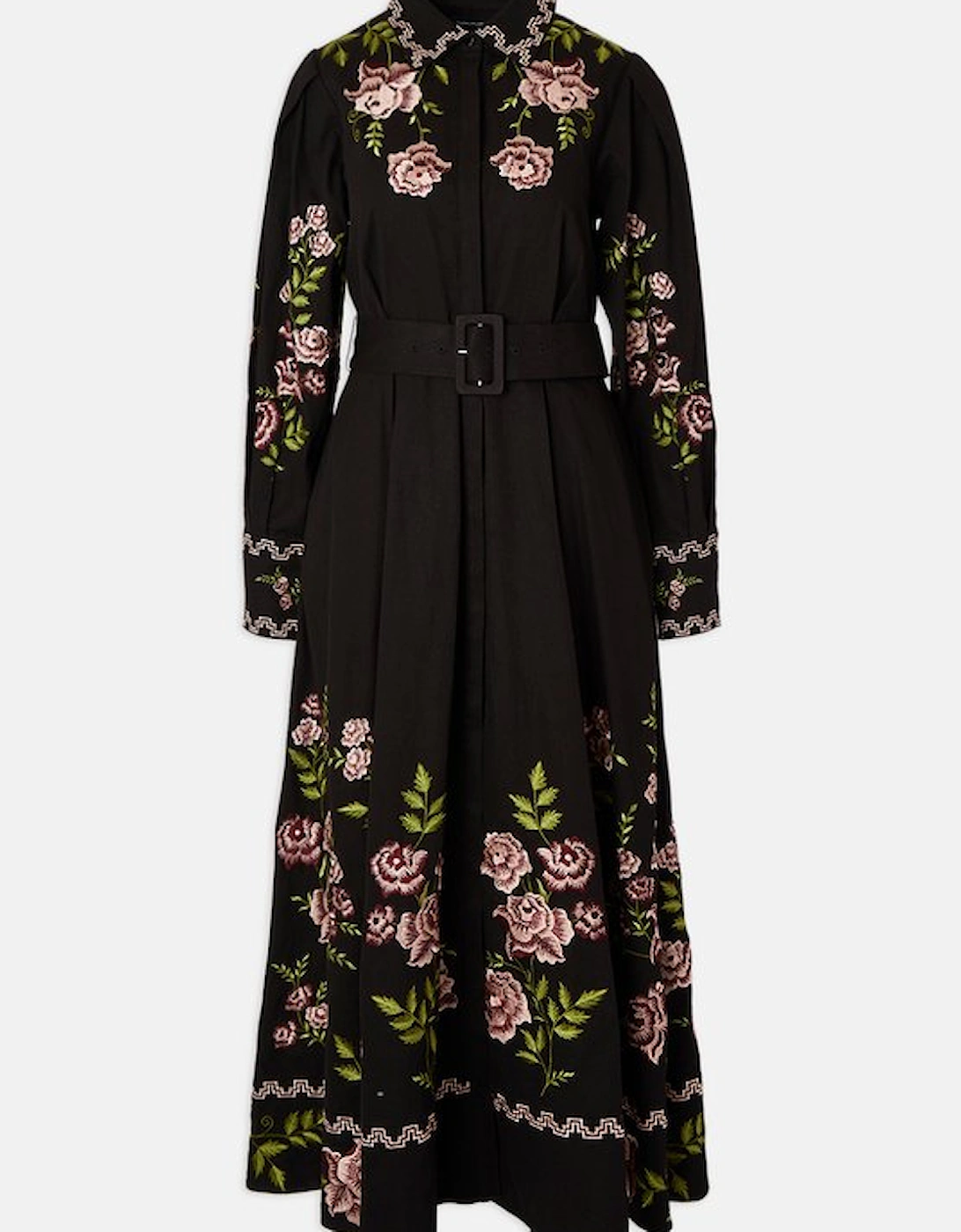 Rose Embroidered Cotton Twill Woven Shirt Dress With Eyelets