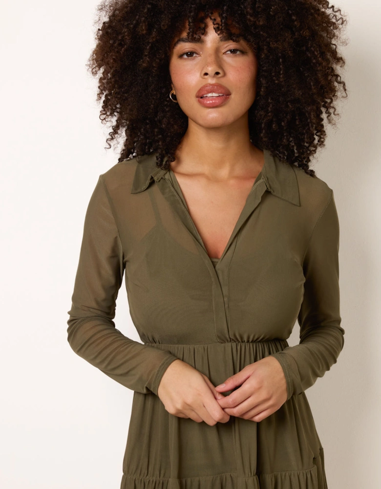 Khaki V Neck Tiered Mesh Long Sleeved Dress
