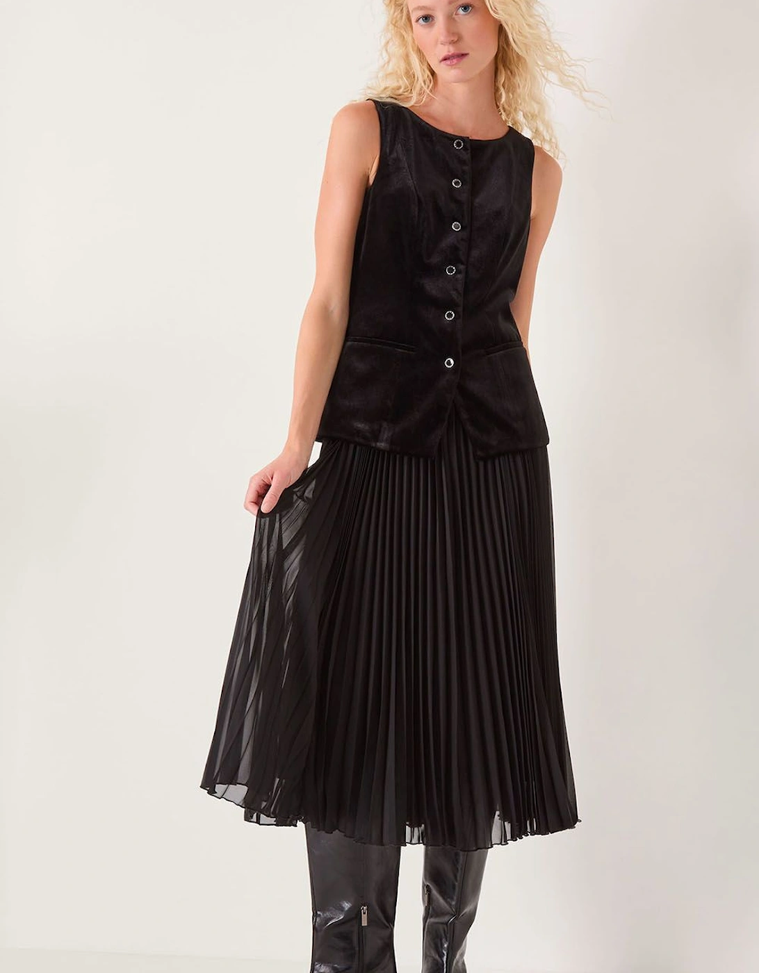 Vanessa Sleeveless Velvet Pleated Midi Dress Black, 2 of 1