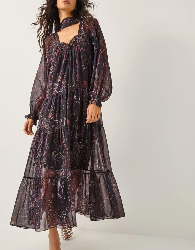 Marianna Paisley Print Tiered Midi Dress Purple