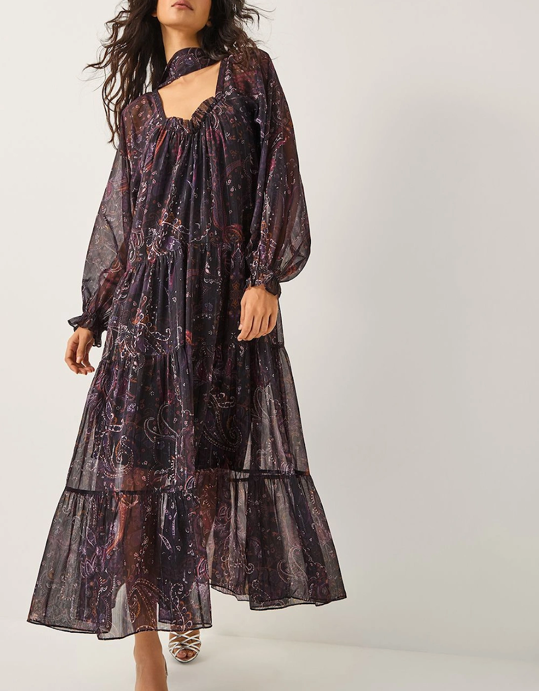 Marianna Paisley Print Tiered Midi Dress Purple, 2 of 1