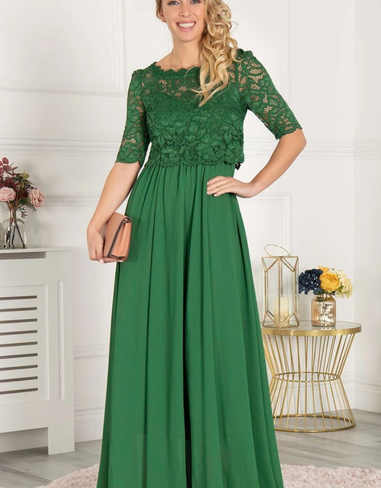 Sleeved Lace Overlay Maxi Dress