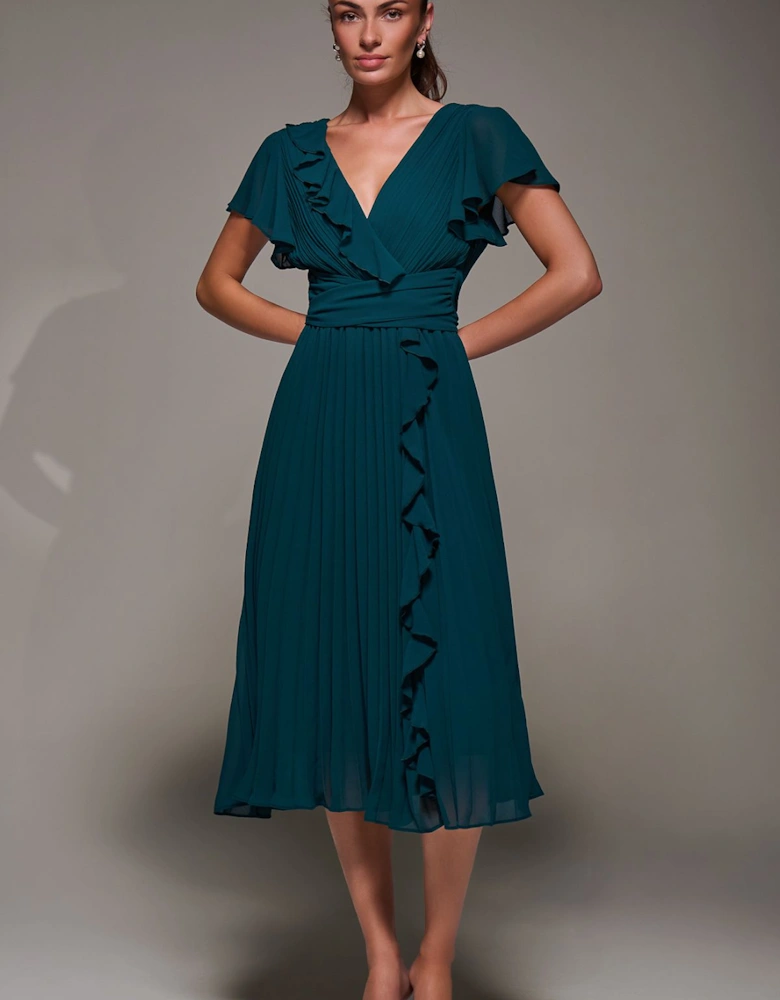 Chiffon Pleated Ruffle Midi Dress