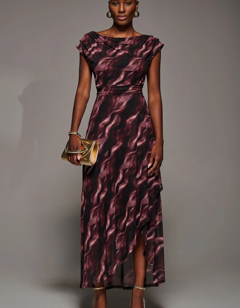 Asymmetric Draped Mesh Maxi Dress