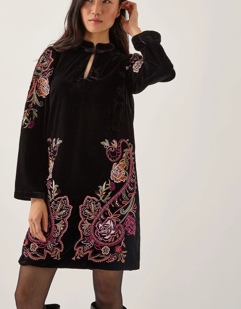 Faye Floral Velvet Mini Tunic Dress Black