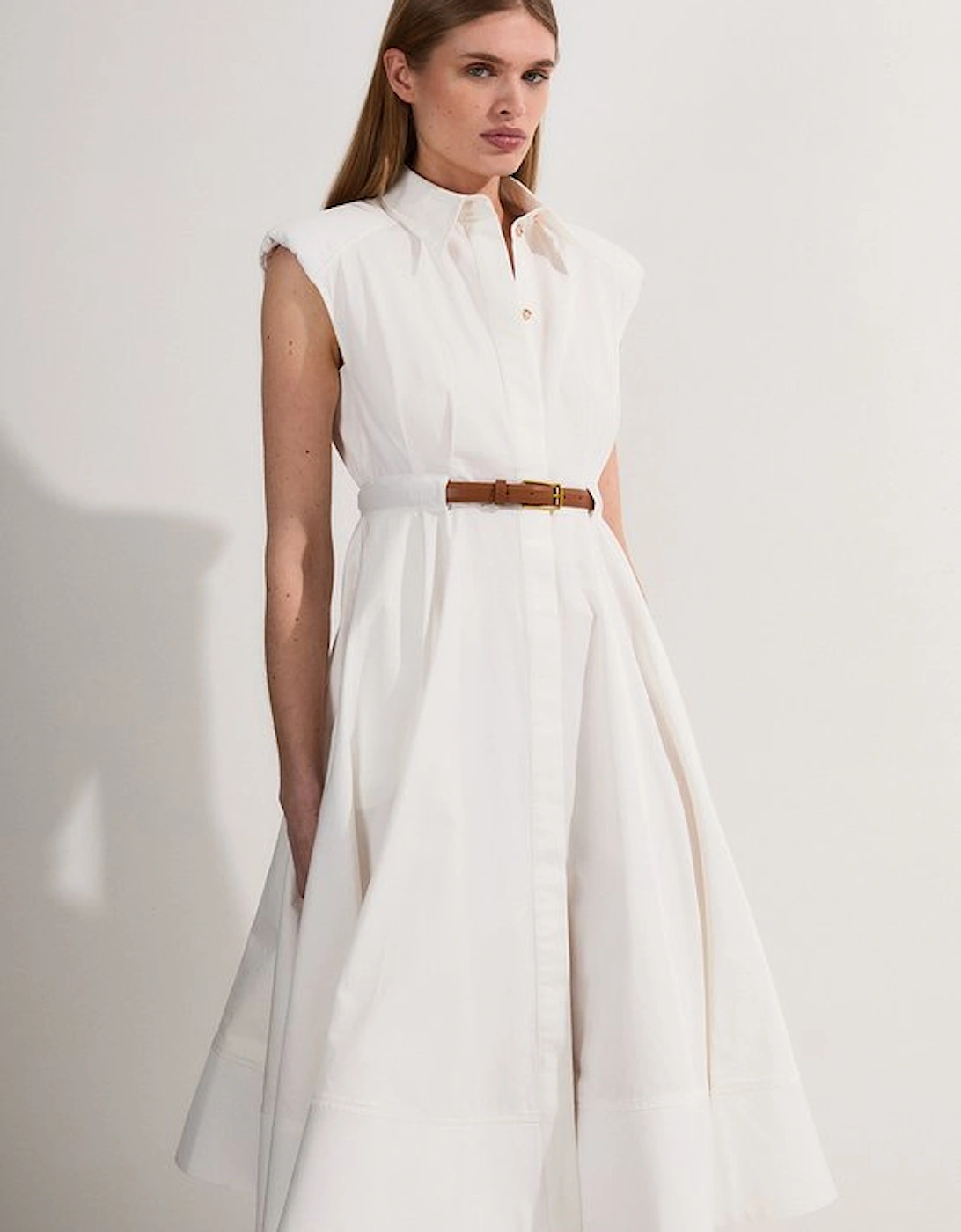 Tailored Cotton Belted Collared Full Midi Dress