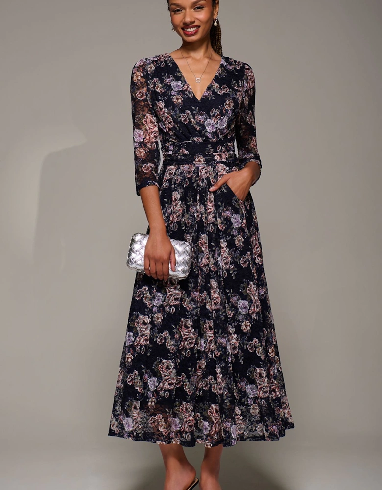 Three Quarter Sleeve Printed Lace Maxi Dress