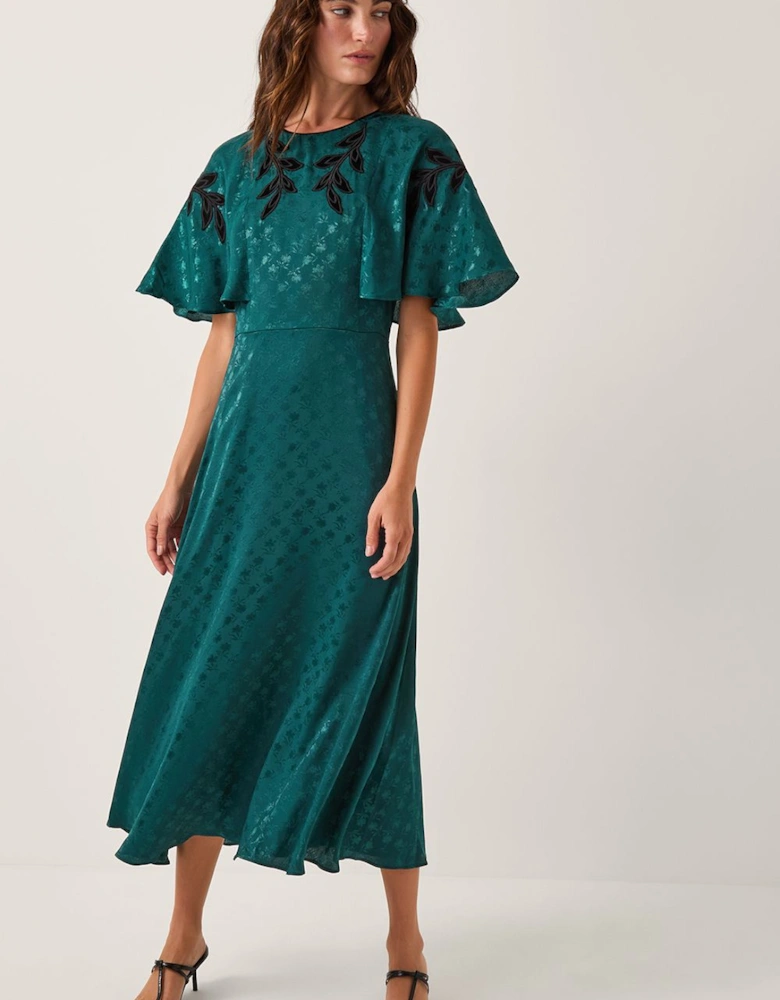 Bianca Embroidered Floral Cape Midi Dress Green