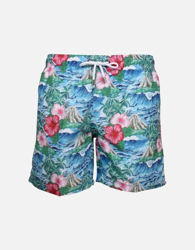 Oahu Floral Print Swim Shorts, Blue/Green/Pink