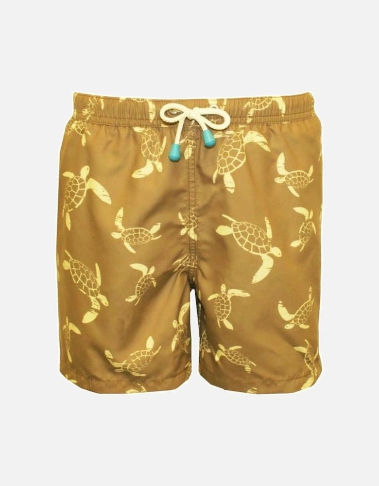 Turtle Print Boys Swim Shorts, Khaki/lemon