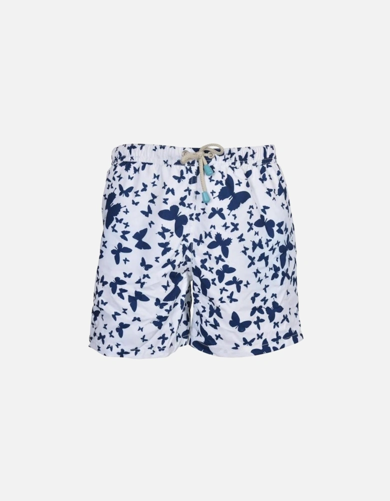 Butterfly Print Boys Swim Shorts, White/Navy
