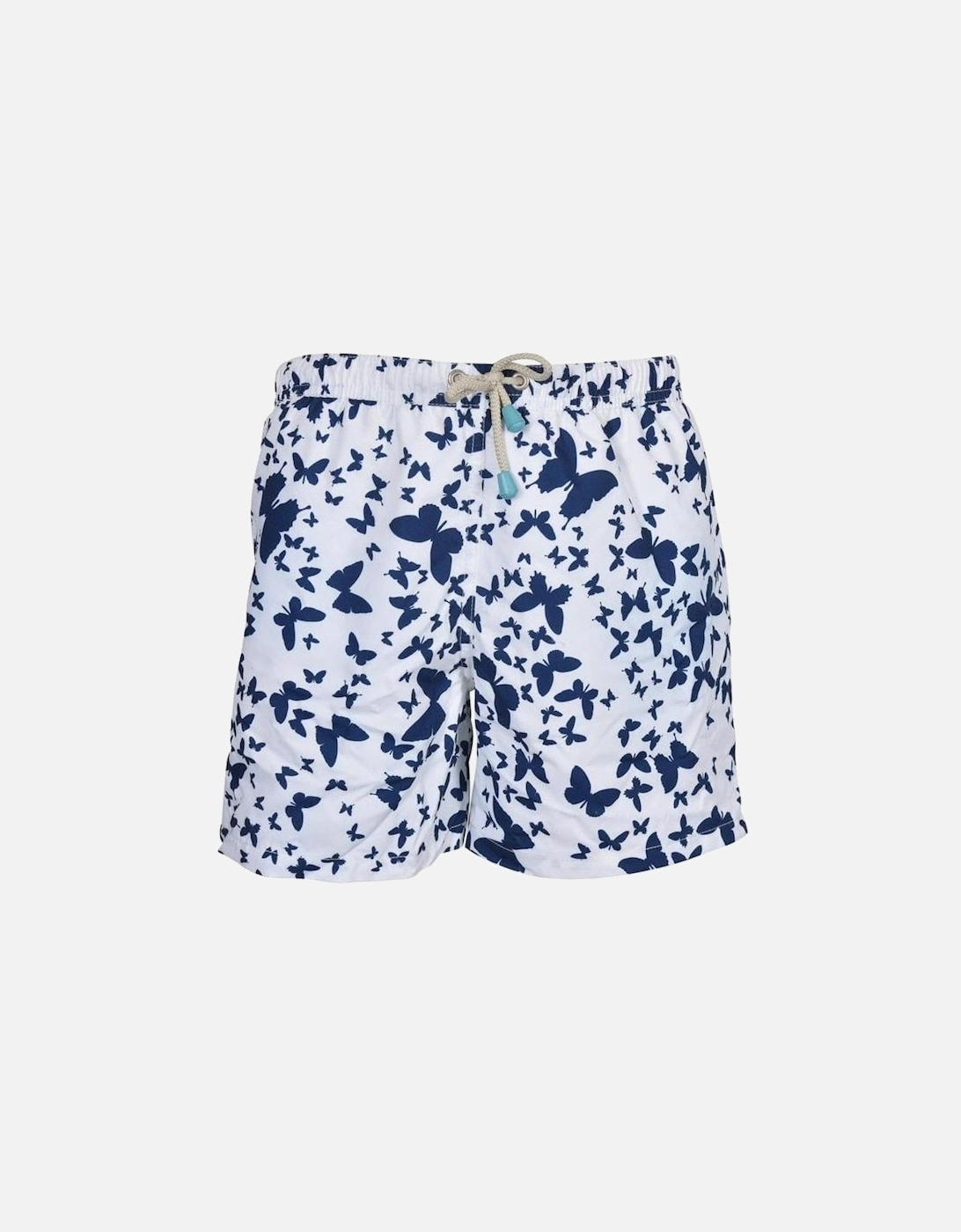 Butterfly Print Boys Swim Shorts, White/Navy, 5 of 4