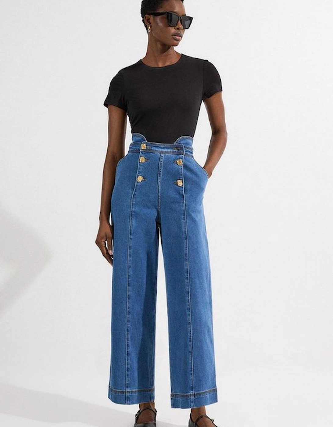 Denim Button Front Culottes Trousers, 2 of 1