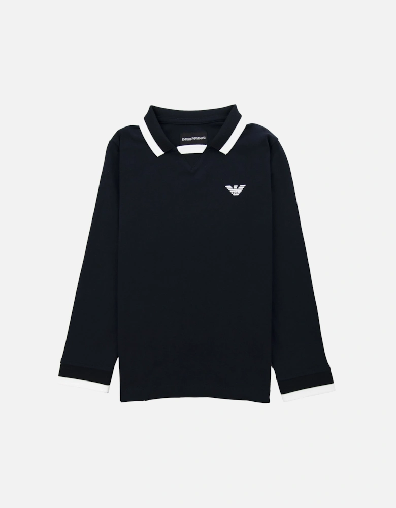 Junior Eagle Patch Tipped Long Sleeve Polo Navy Blue 0922