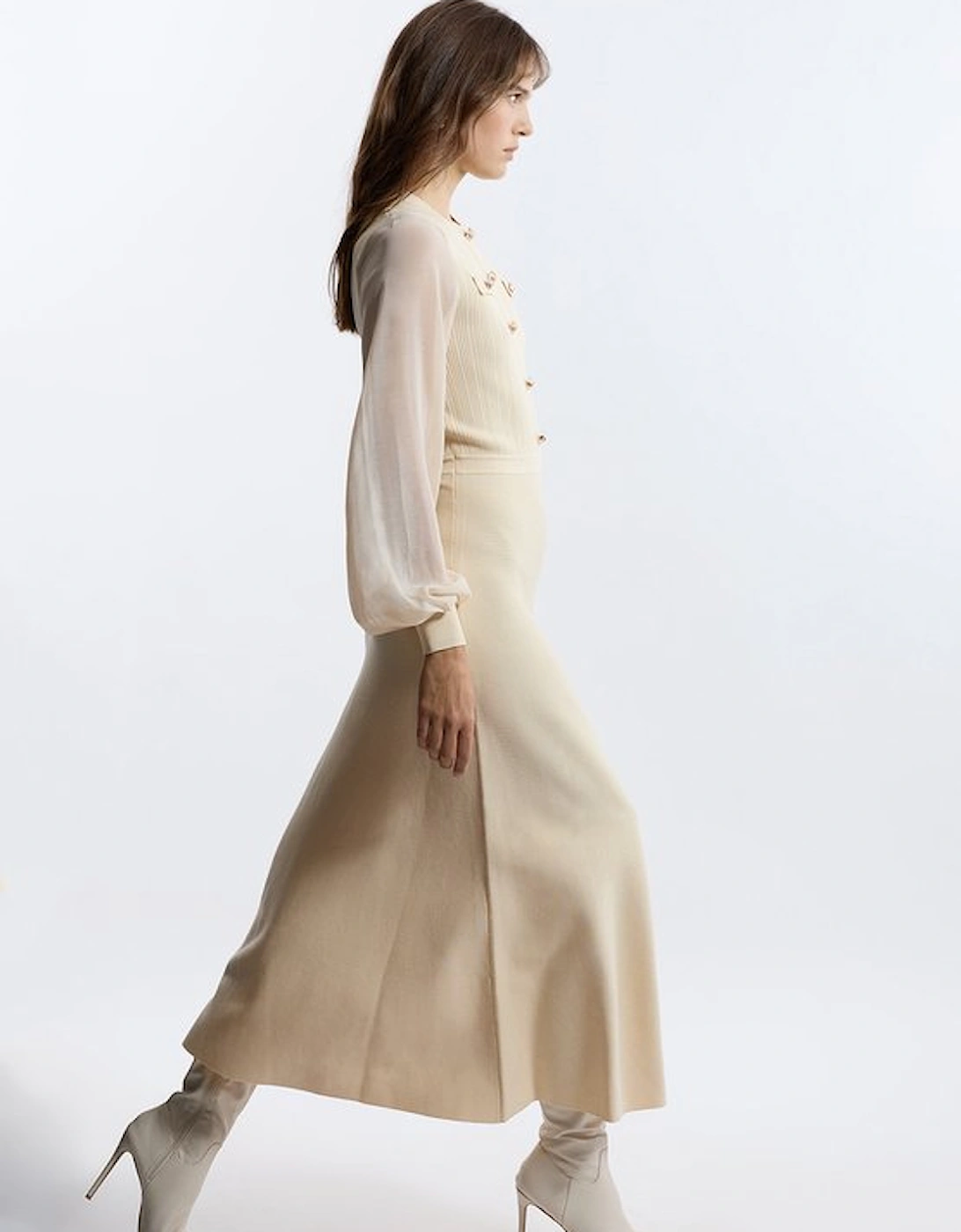 Petite Viscose Blend Maxi Knit Dress With Chiffon Sleeve Military Trim