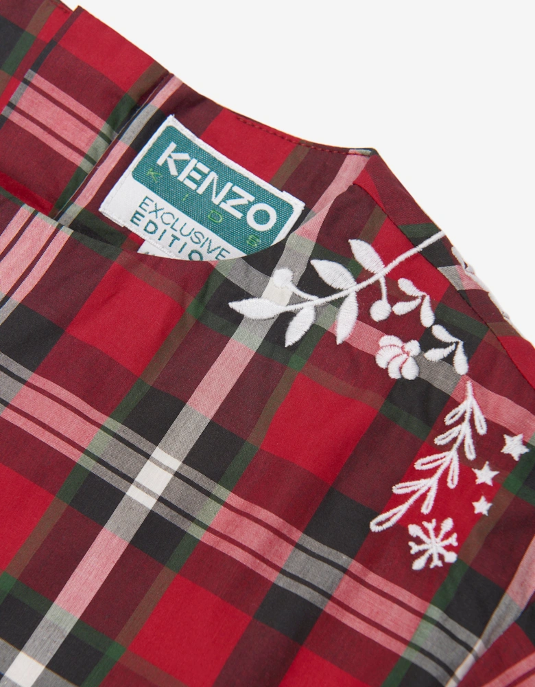 Girls Checked Embroidered Dress in Red