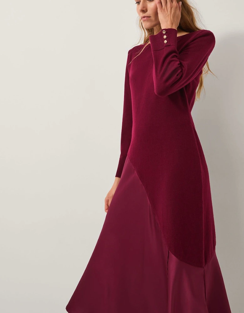 Saz Asymmetrical Mix Satin Midi Dress Red