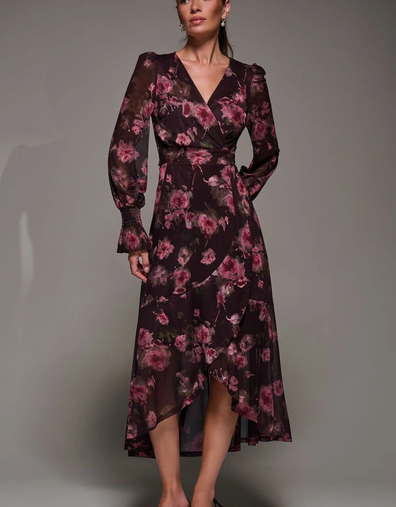 Ruffle Cuffed Sleeve Frill Mesh Maxi Dress