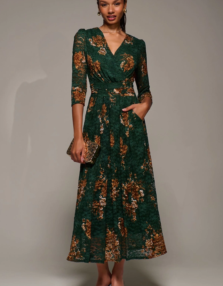 Three Quarter Sleeve Printed Lace Maxi Dress