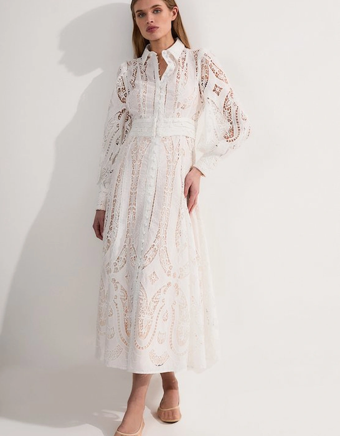 Sheer Georgette Cutwork Balloon Sleeve Woven Maxi Dress