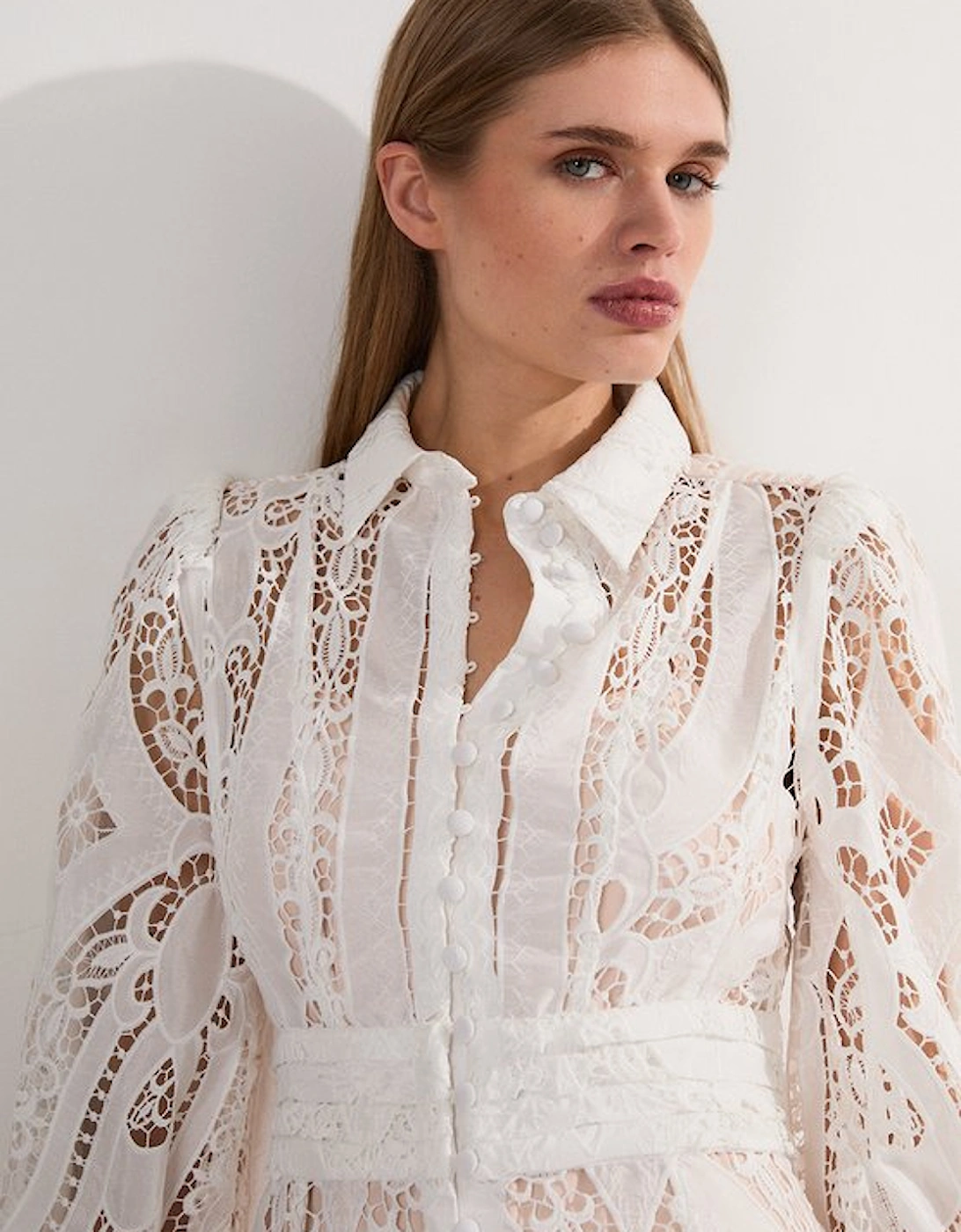 Sheer Georgette Cutwork Balloon Sleeve Woven Maxi Dress