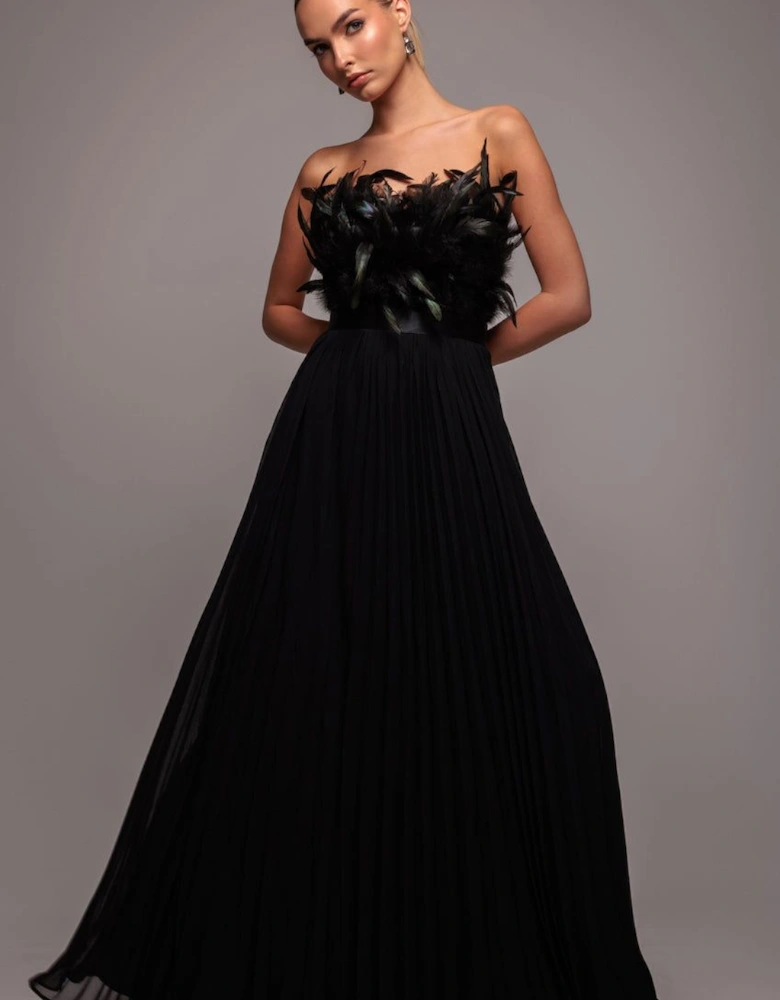 Feather Off The Shoulder Pleated Evening Maxi Dress