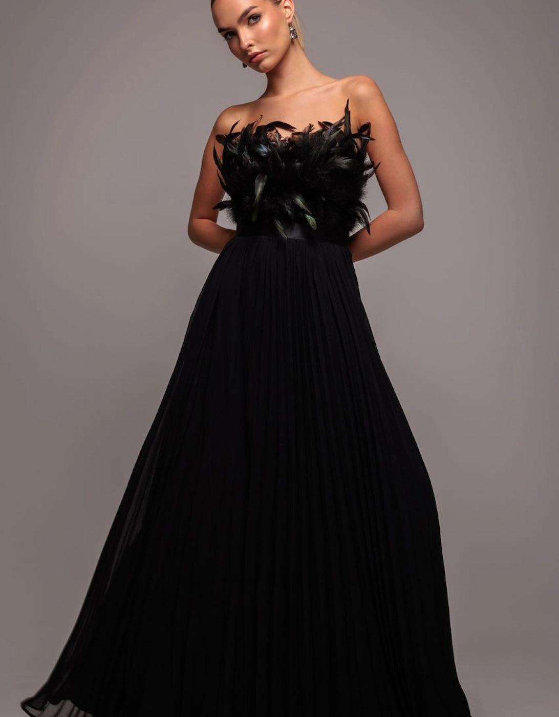 Feather Off The Shoulder Pleated Evening Maxi Dress, 2 of 1