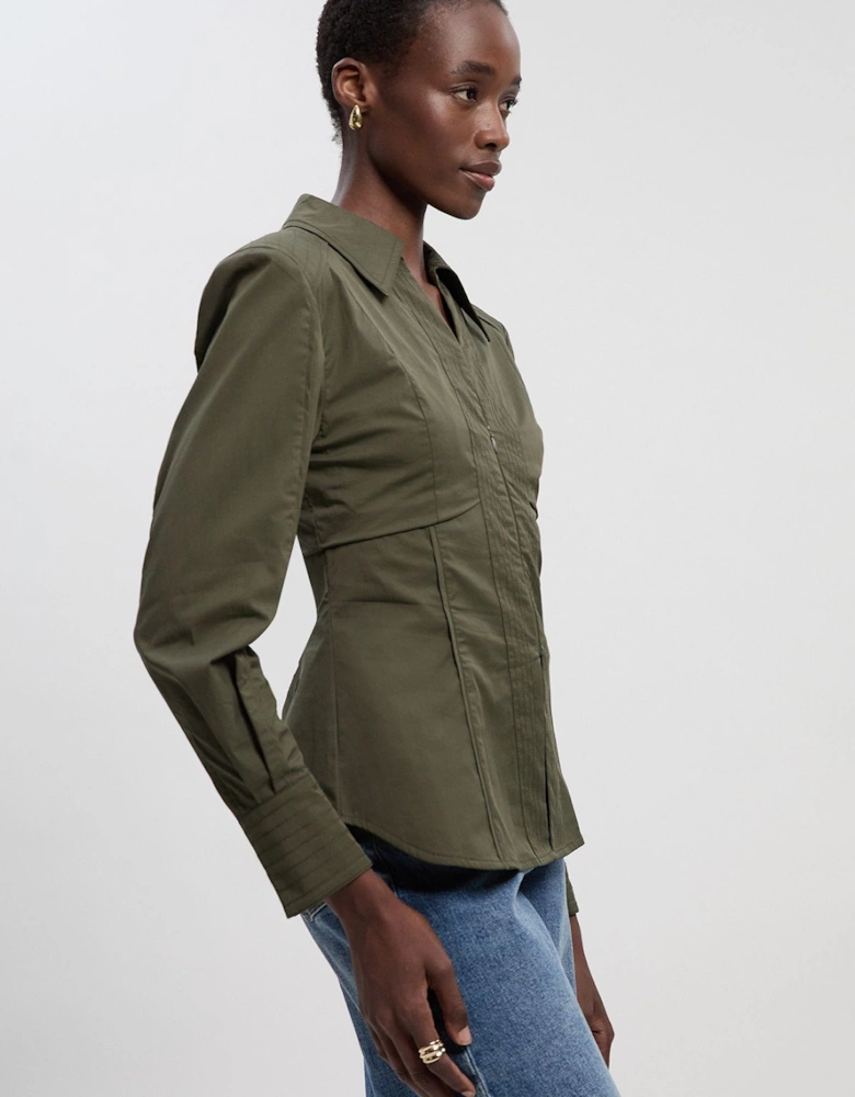 Pleated Detail Cotton Woven Long Sleeve Shirt