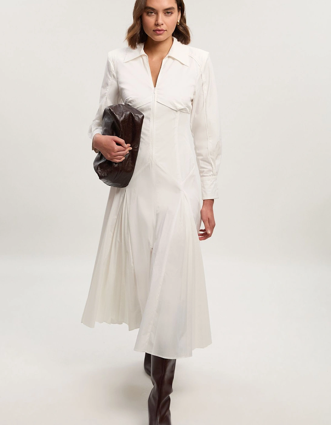 Pleated Detail Cotton Long Sleeve Woven Midi Dress, 2 of 1