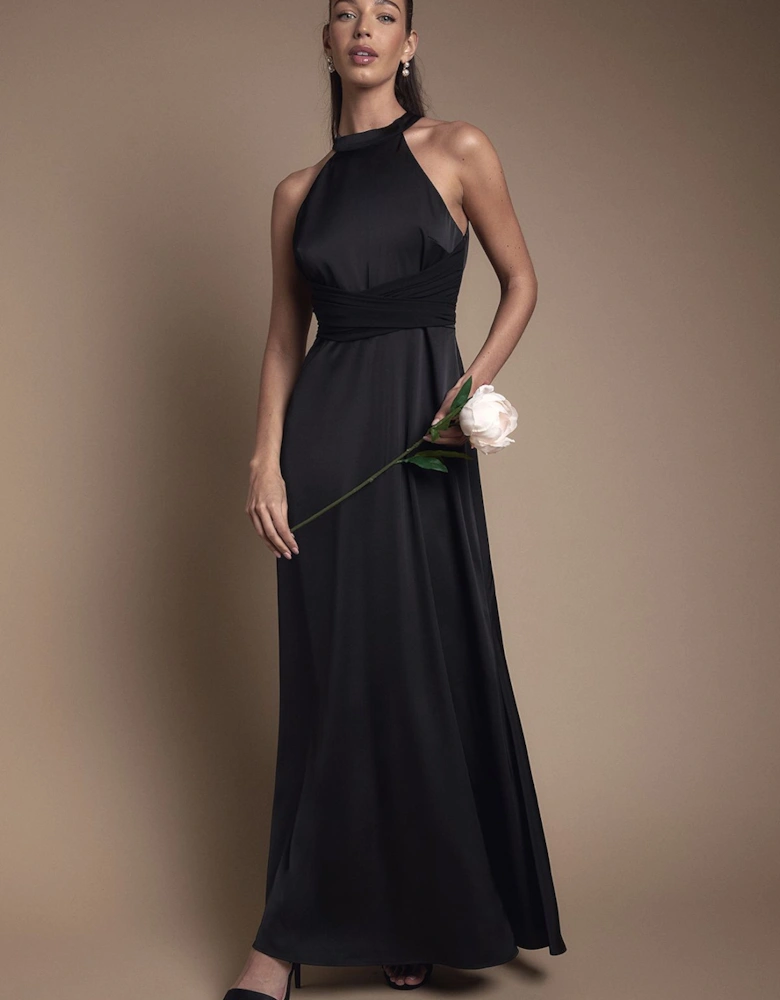 Wrap Waist Detail Satin Halter Neck Bridesmaid Dress