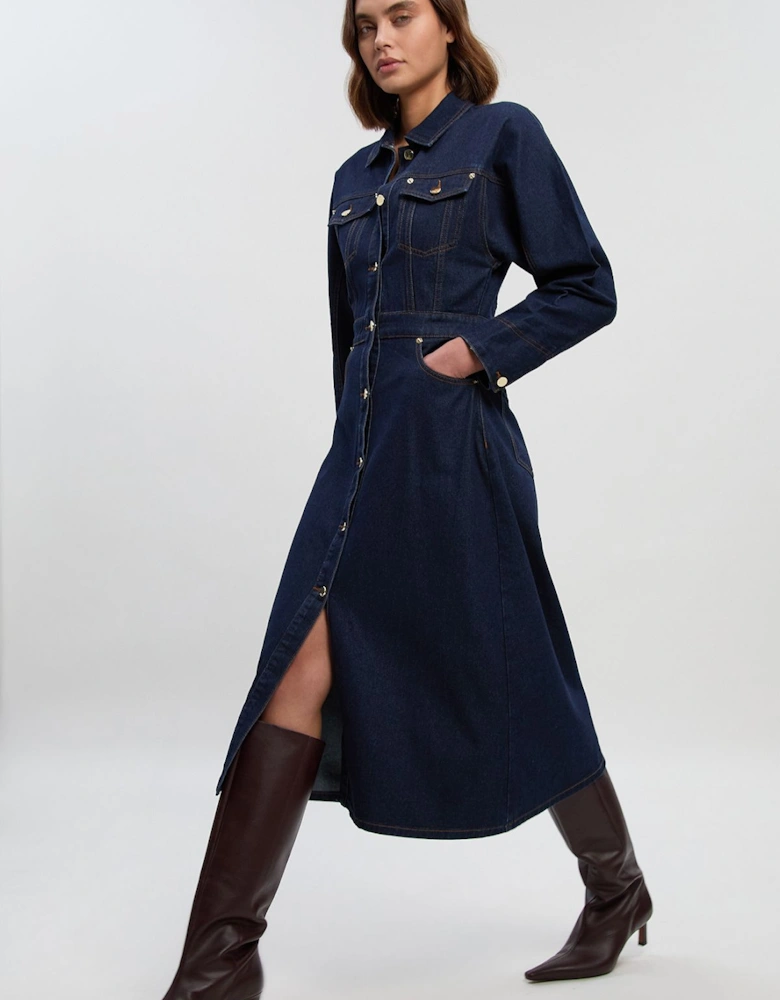 Denim Button Front Sleeved Shirt Dress