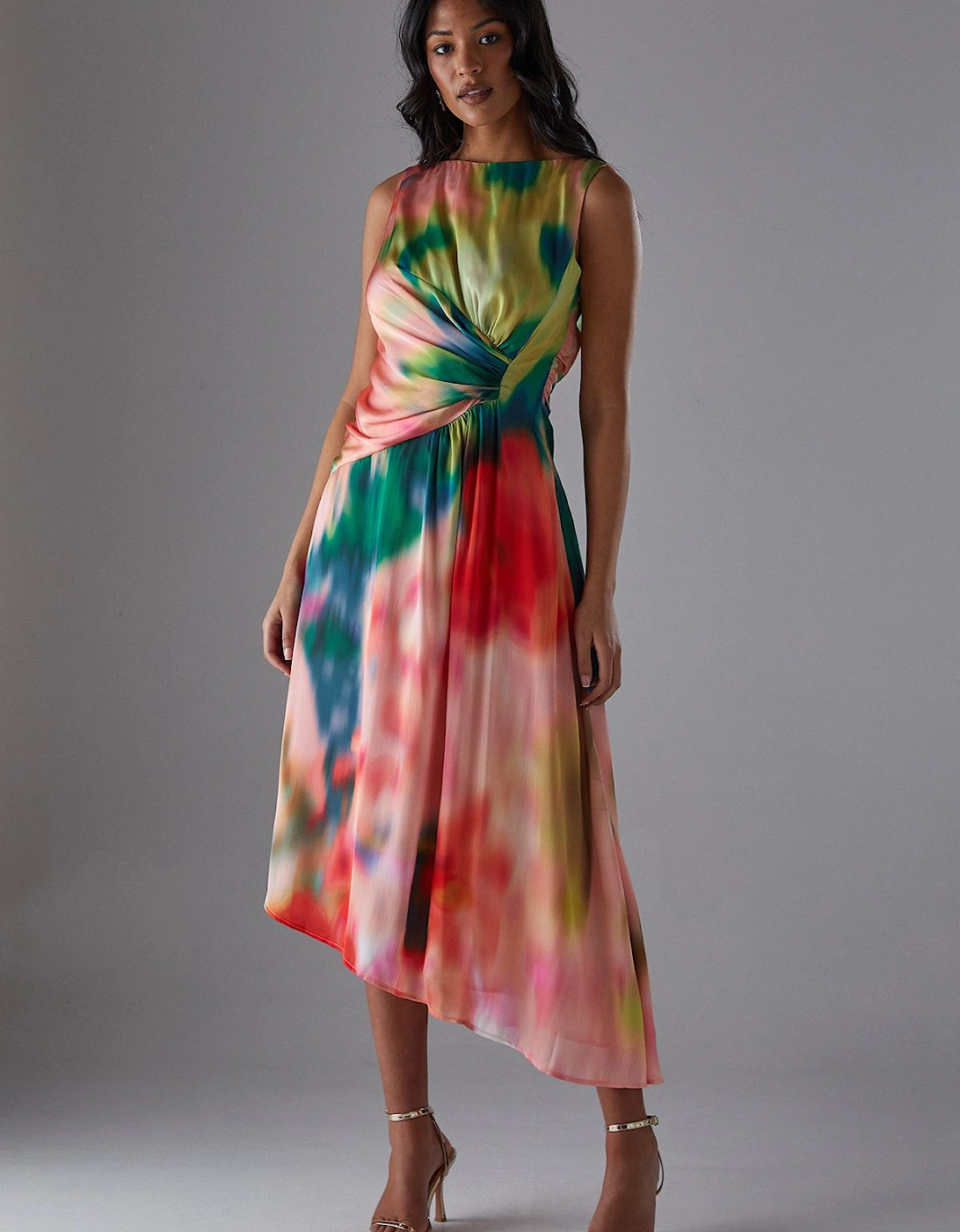 Printed Satin Sleeveless Knot Front Asymmetric Hem Midi Dress, 2 of 1