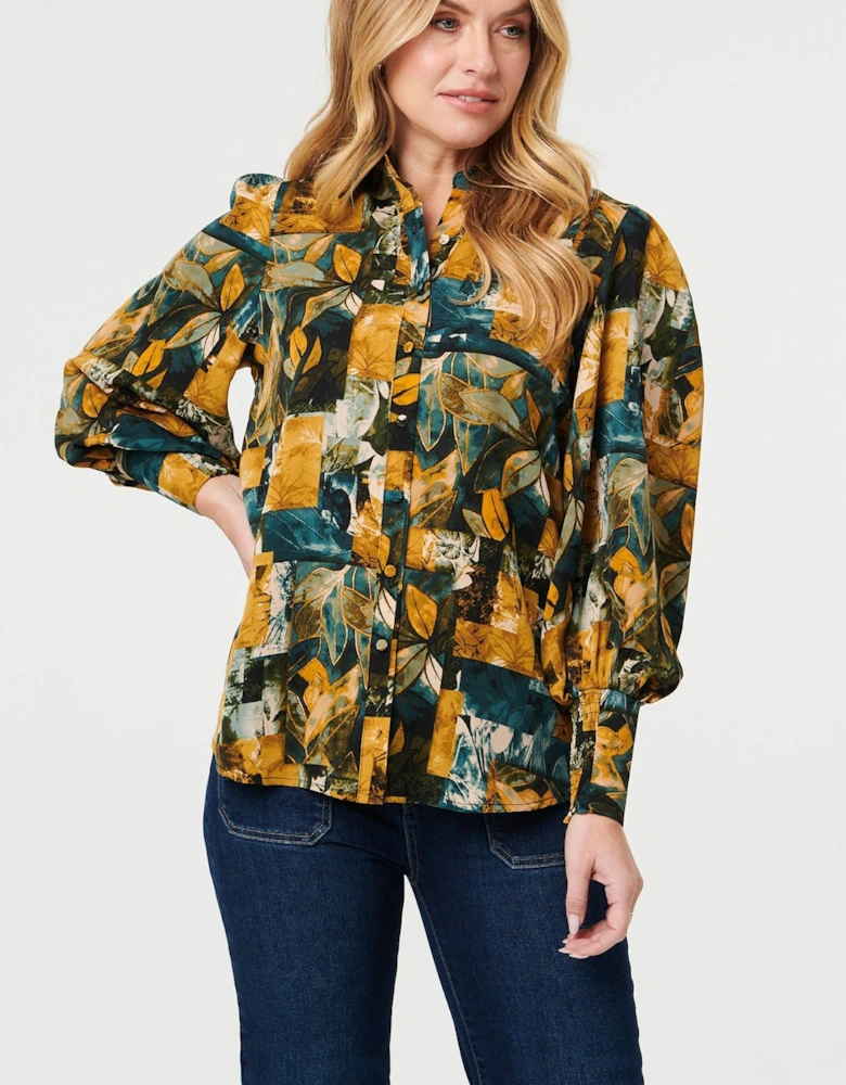 Leaf Print Puff Sleeve Relaxed Shirt