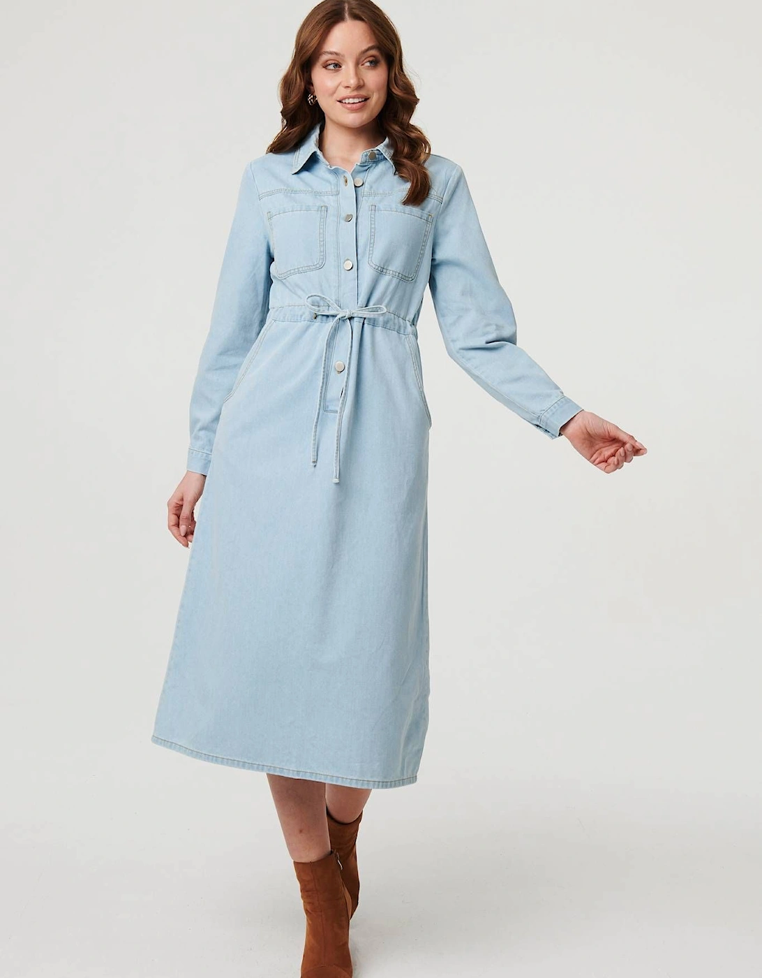 Denim Tie Waist Long Sleeve Midi Dress, 2 of 1
