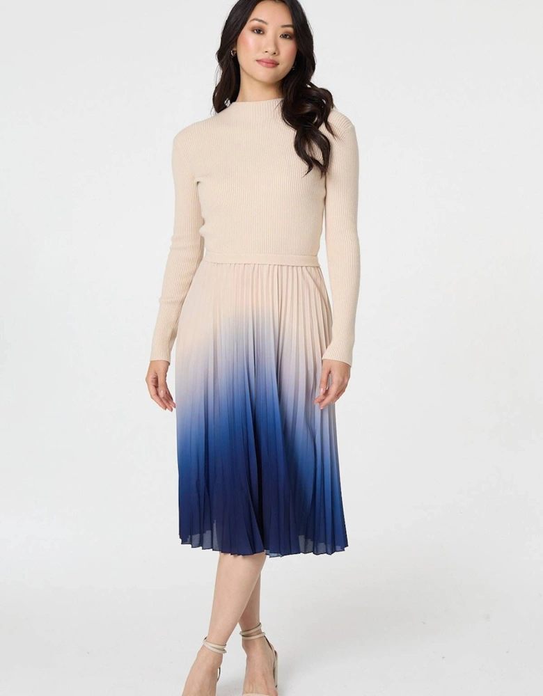 Ombre Tie Waist Pleated Knit Midi Dress