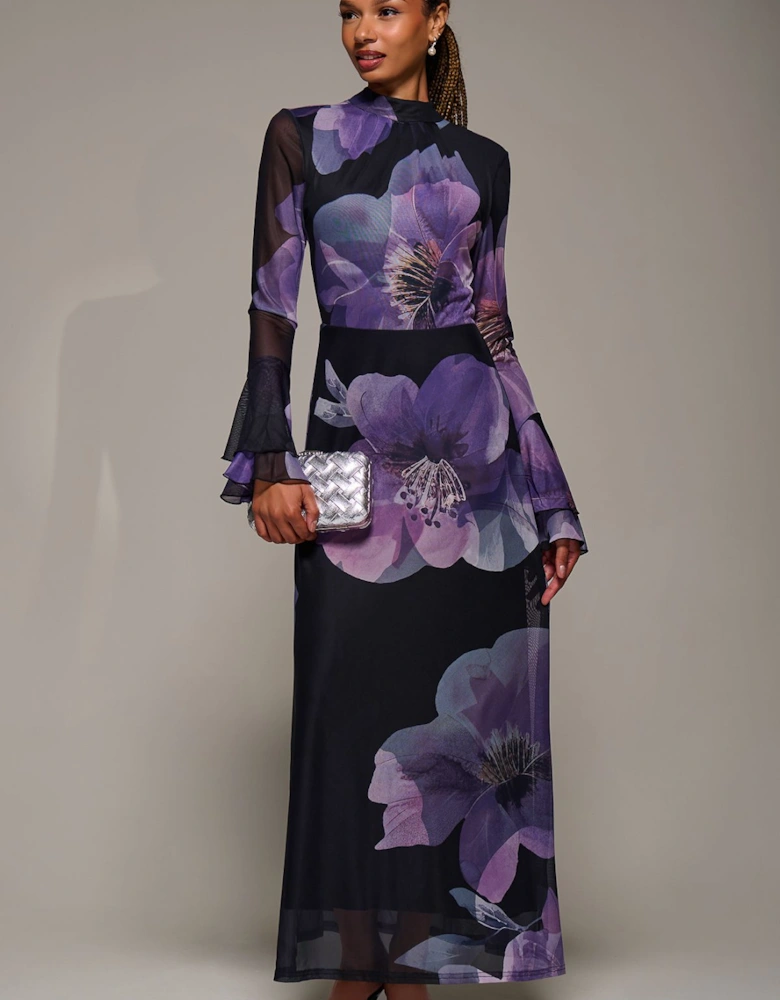 Ruffle Long Sleeve Mesh Maxi Dress