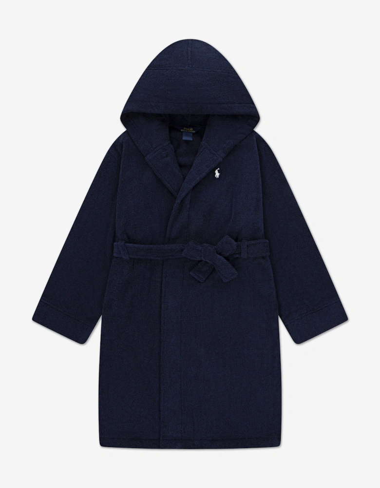 Boys Hooded Plush Terry Bathrobe in Navy