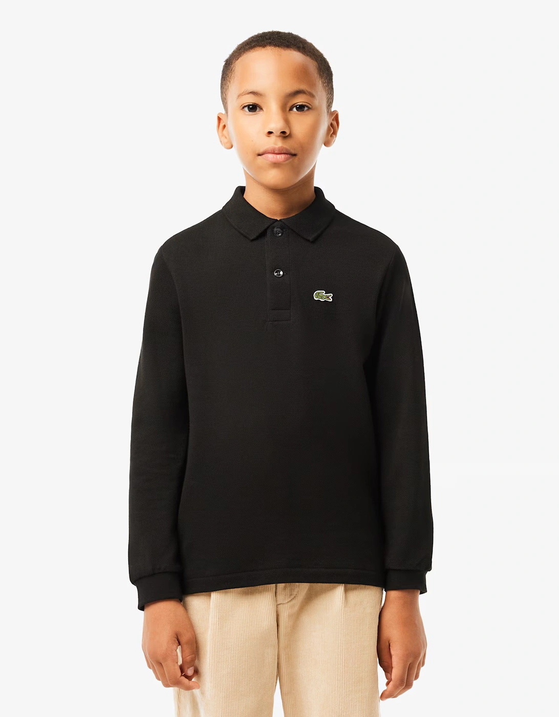 Boys Long Sleeve Pique Polo Shirt in Black