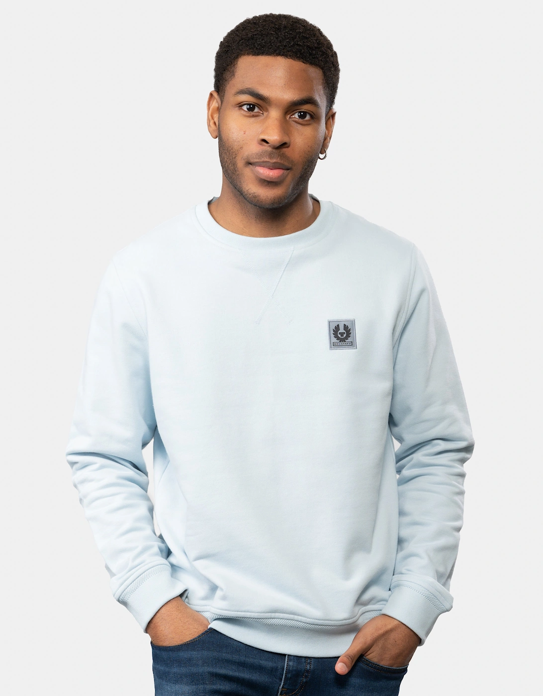 Belstaff Men's Blue Crew Neck Sweatshirt With Logo Patch - Sky  38 M