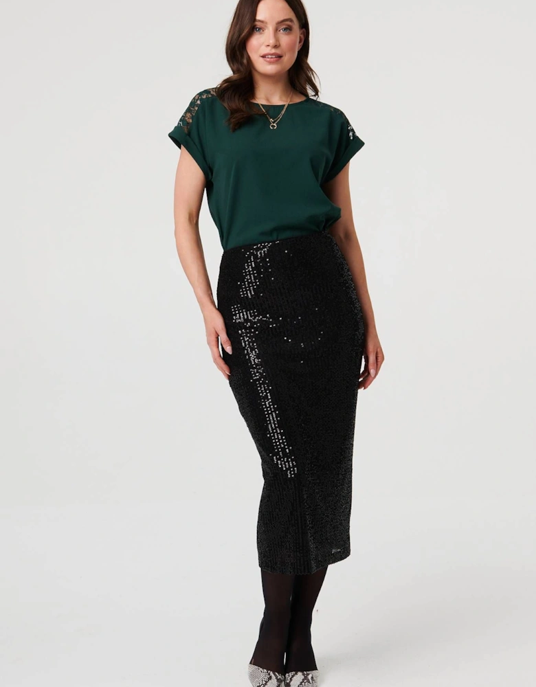 Sequin Embellished Pencil Midi Skirt