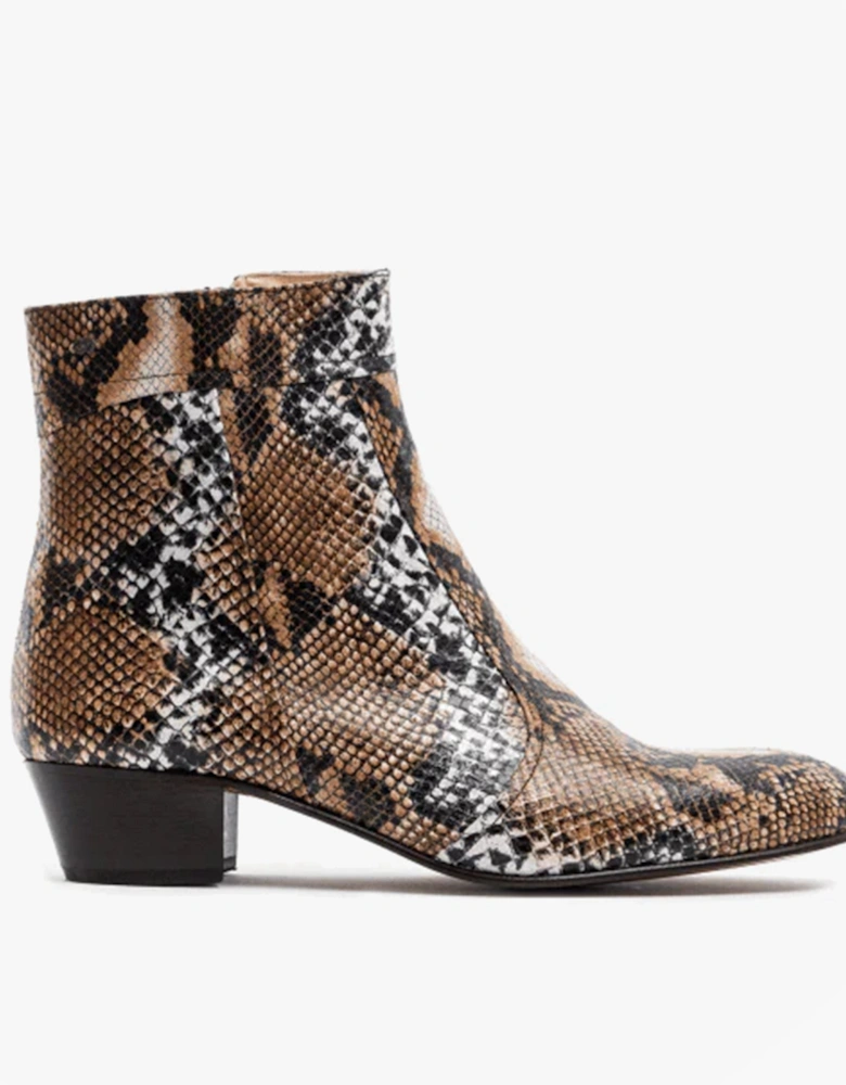 EMMANUEL Mens Snakeprint Leather Cuban Heel Boots Hielo